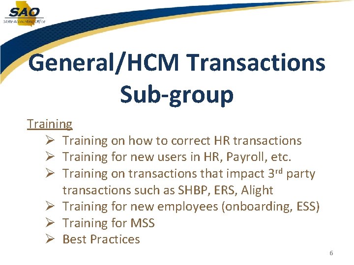 General/HCM Transactions Sub-group Training Ø Training on how to correct HR transactions Ø Training