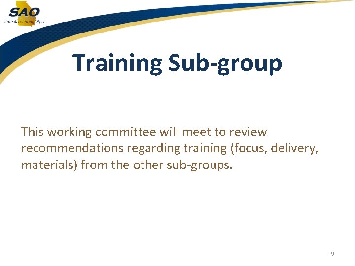 Training Sub-group This working committee will meet to review recommendations regarding training (focus, delivery,