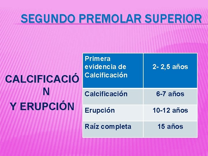 SEGUNDO PREMOLAR SUPERIOR CALCIFICACIÓ N Y ERUPCIÓN Primera evidencia de Calcificación 2 - 2,