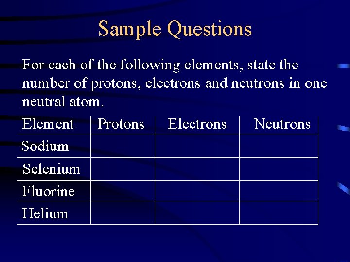 Sample Questions For each of the following elements, state the number of protons, electrons
