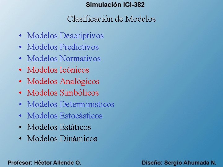 Clasificación de Modelos • • • Modelos Descriptivos Modelos Predictivos Modelos Normativos Modelos Icónicos