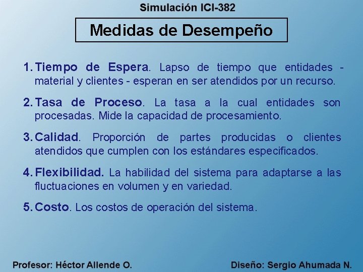 Medidas de Desempeño 1. Tiempo de Espera. Lapso de tiempo que entidades material y