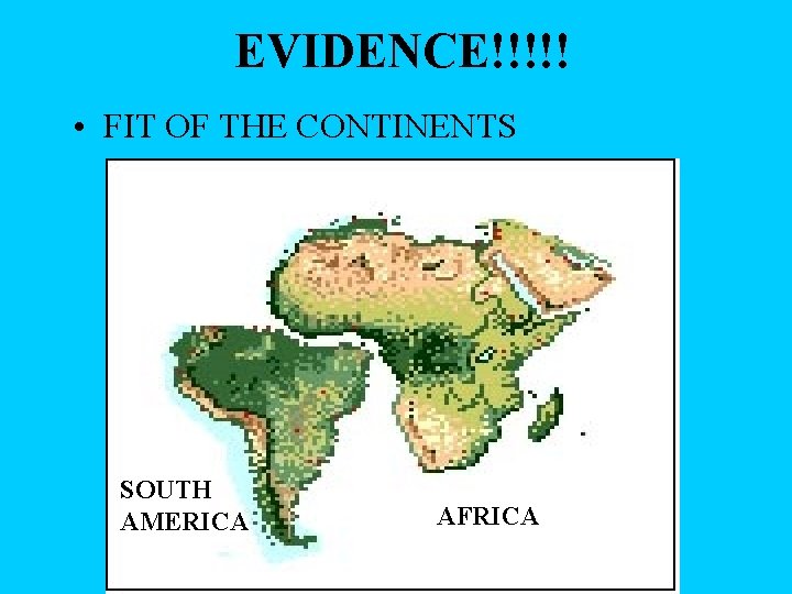 EVIDENCE!!!!! • FIT OF THE CONTINENTS SOUTH AMERICA AFRICA 
