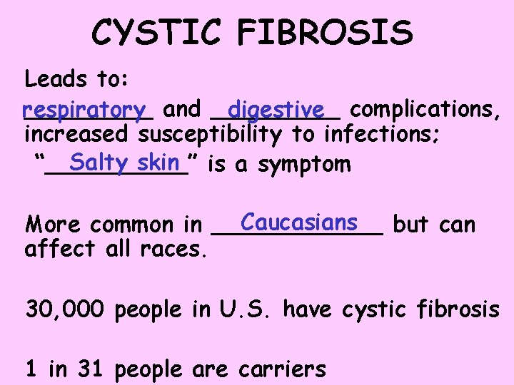 CYSTIC FIBROSIS Leads to: _____ and _____ respiratory digestive complications, increased susceptibility to infections;