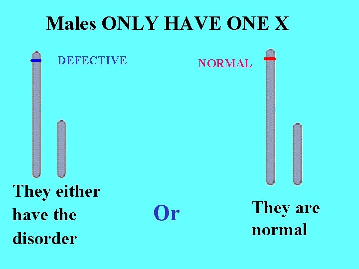 Males ONLY HAVE ONE X DEFECTIVE They either have the disorder NORMAL Or They