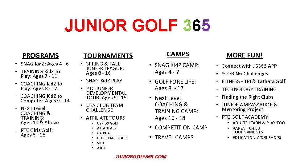 JUNIOR GOLF 365 PROGRAMS • SNAG Kid. Z: Ages 4 - 6 • TRAINING