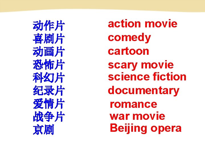 动作片 喜剧片 动画片 恐怖片 科幻片 纪录片 爱情片 战争片 京剧 action movie comedy cartoon scary