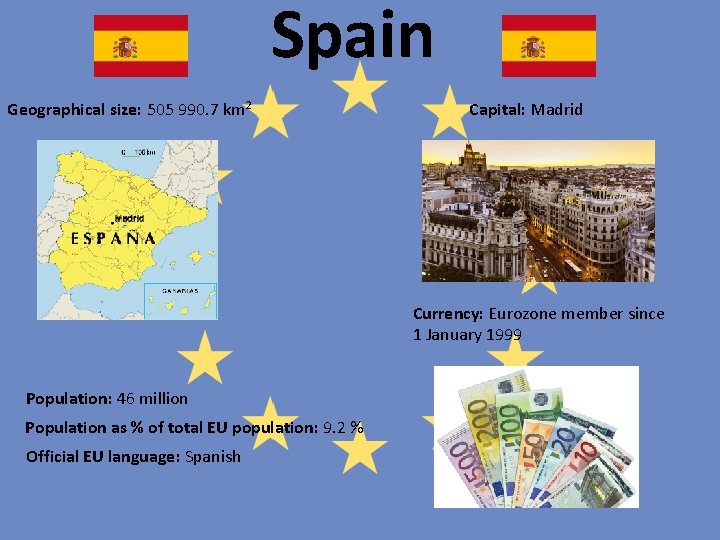 Spain Geographical size: 505 990. 7 km 2 Capital: Madrid Currency: Eurozone member since