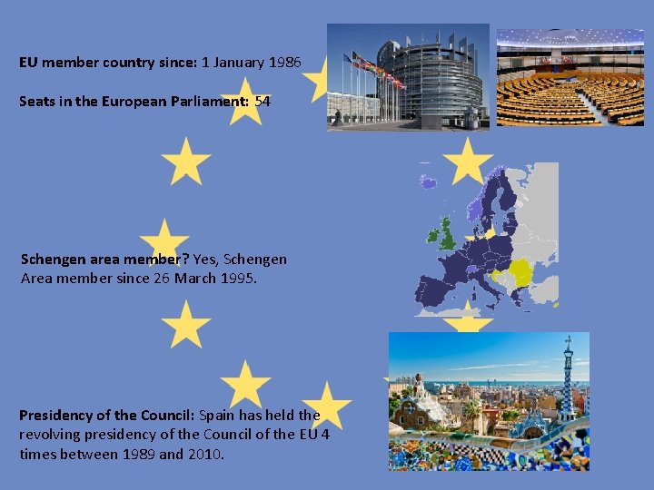 EU member country since: 1 January 1986 Seats in the European Parliament: 54 Schengen