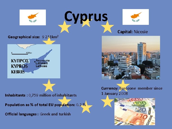 Cyprus Geographical size: 9 251 km 2 Inhabitants : 0, 759 million of inhabitants