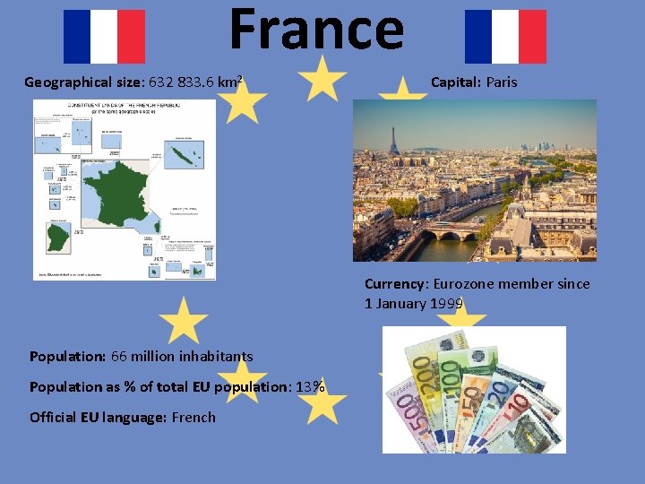 France Geographical size: 632 833. 6 km 2 Capital: Paris Currency: Eurozone member since