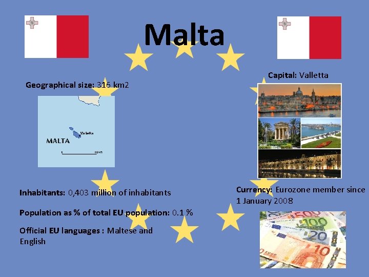 Malta Geographical size: 316 km 2 Inhabitants: 0, 403 million of inhabitants Population as