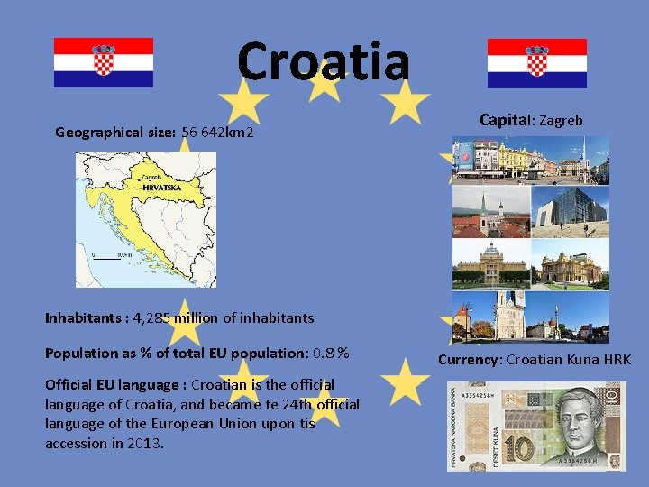 Croatia Geographical size: 56 642 km 2 Capital: Zagreb Inhabitants : 4, 285 million