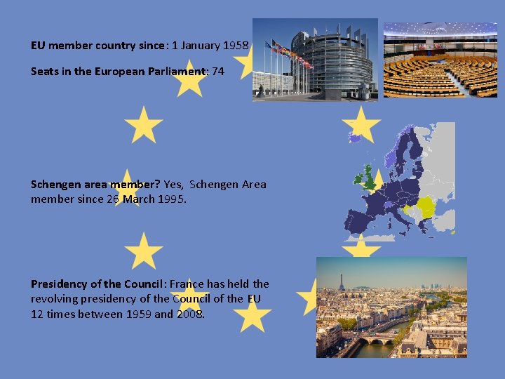 EU member country since: 1 January 1958 Seats in the European Parliament: 74 Schengen