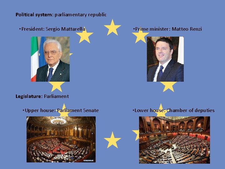 Political system: parliamentary republic • President: Sergio Mattarella • Prime minister: Matteo Renzi Legislature: