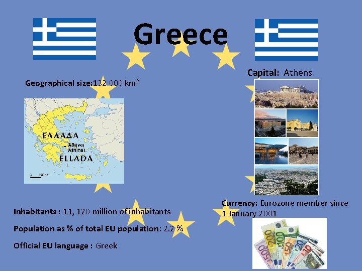 Greece Geographical size: 132 000 km 2 Inhabitants : 11, 120 million of inhabitants