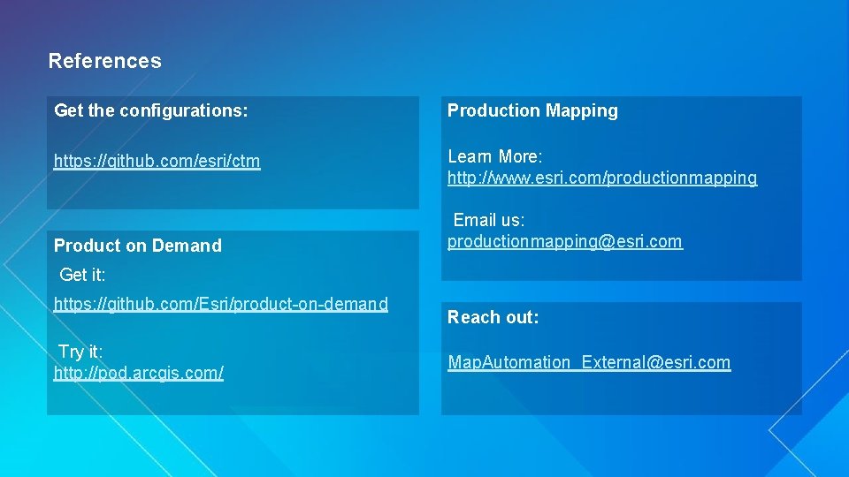 References Get the configurations: Production Mapping https: //github. com/esri/ctm Learn More: http: //www. esri.