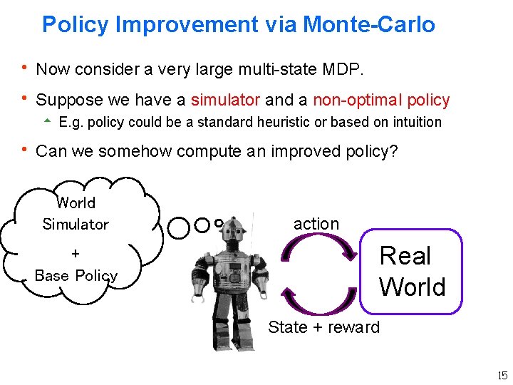 Policy Improvement via Monte-Carlo h Now consider a very large multi-state MDP. h Suppose Policy Improvement via Monte-Carlo h Now consider a very large multi-state MDP. h Suppose