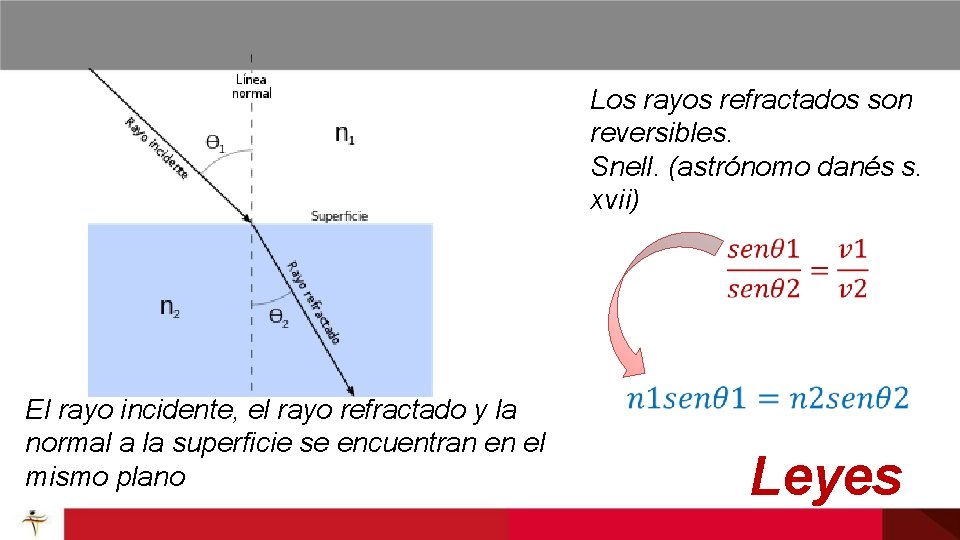 Los rayos refractados son reversibles. Snell. (astrónomo danés s. xvii) El rayo incidente, el