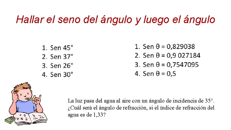 Hallar el seno del ángulo y luego el ángulo La luz pasa del agua