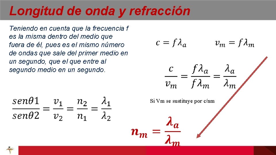 Longitud de onda y refracción Teniendo en cuenta que la frecuencia f es la