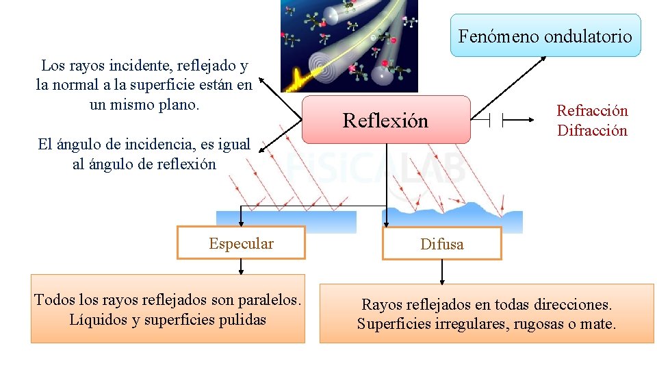 Fenómeno ondulatorio Los rayos incidente, reflejado y la normal a la superficie están en