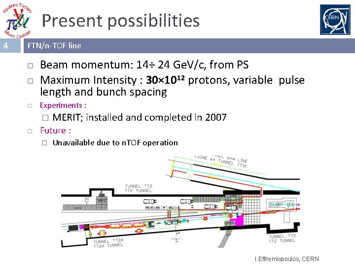 Present possibilities 4 FTN/n-TOF line Beam momentum: 14÷ 24 Ge. V/c, from PS Maximum