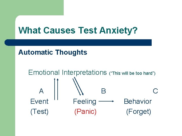 What Causes Test Anxiety? Automatic Thoughts Emotional Interpretations (“This will be too hard”) A