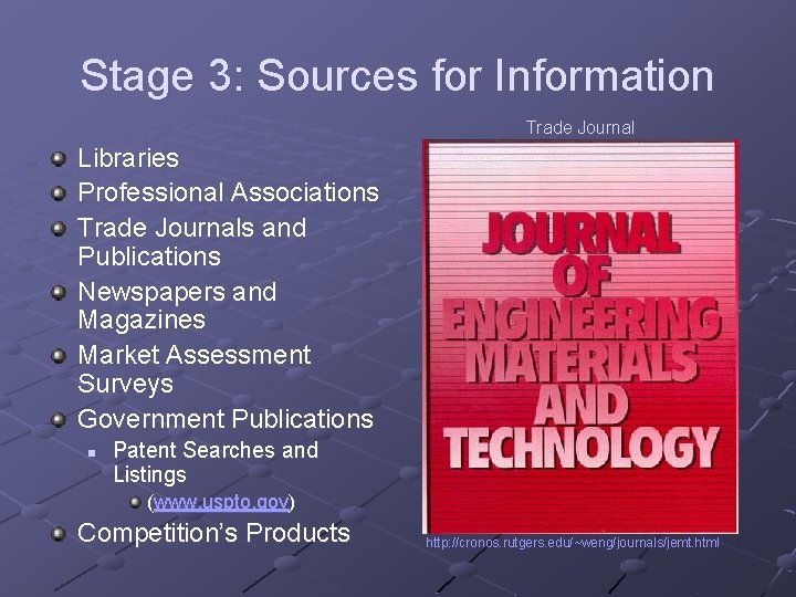Stage 3: Sources for Information Trade Journal Libraries Professional Associations Trade Journals and Publications