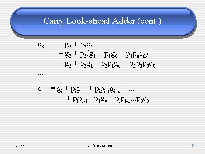 Carry Look-ahead Adder (cont. ) c 3. . . = g 2 + p