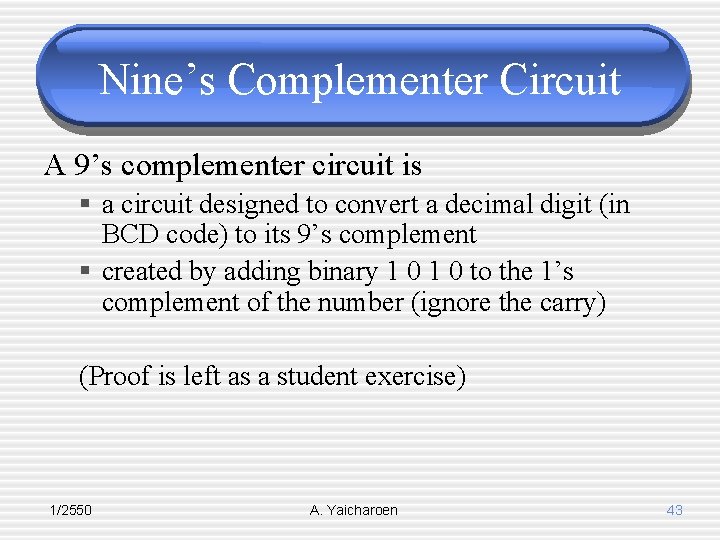 Nine’s Complementer Circuit A 9’s complementer circuit is § a circuit designed to convert