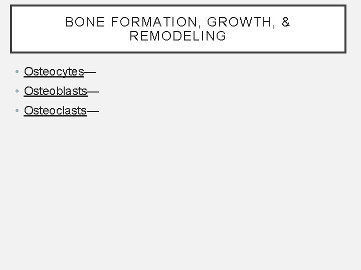 BONE FORMATION, GROWTH, & REMODELING • Osteocytes— • Osteoblasts— • Osteoclasts— BONE FORMATION, GROWTH, & REMODELING • Osteocytes— • Osteoblasts— • Osteoclasts—