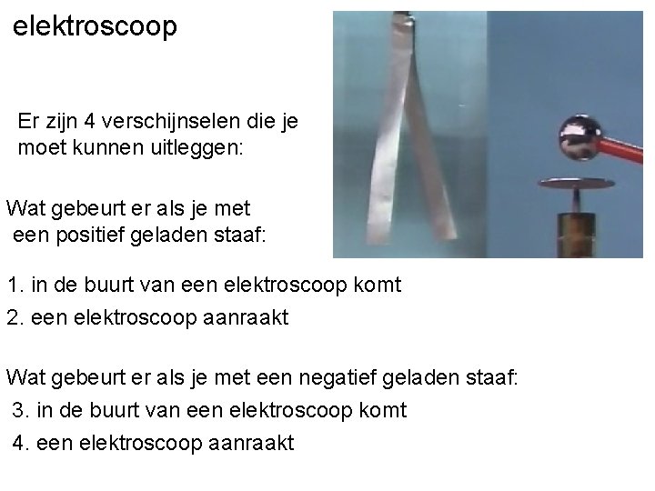 elektroscoop Er zijn 4 verschijnselen die je moet kunnen uitleggen: Wat gebeurt er als