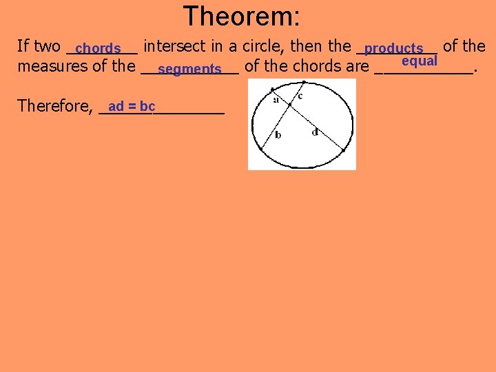 Theorem: If two ____ intersect in a circle, then the _____ chords products of