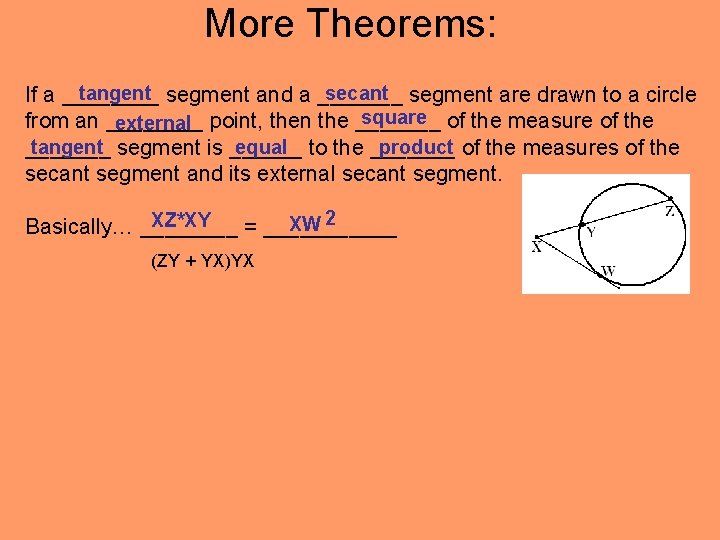 More Theorems: tangent segment and a _______ secant segment are drawn to a circle