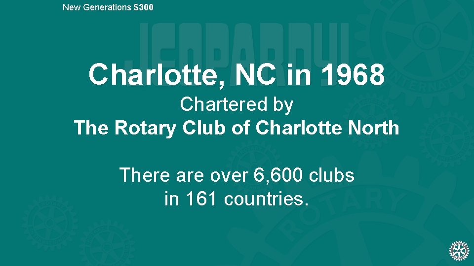 New Generations $300 Charlotte, NC in 1968 Chartered by The Rotary Club of Charlotte