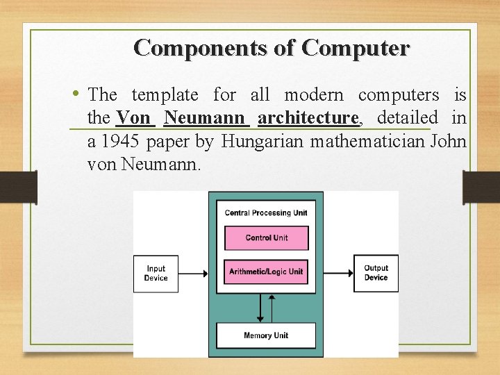Components of Computer • The template for all modern computers is the Von Neumann Components of Computer • The template for all modern computers is the Von Neumann