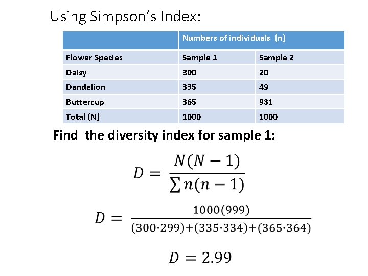 Using Simpson’s Index: Numbers of individuals (n) Flower Species Sample 1 Sample 2 Daisy