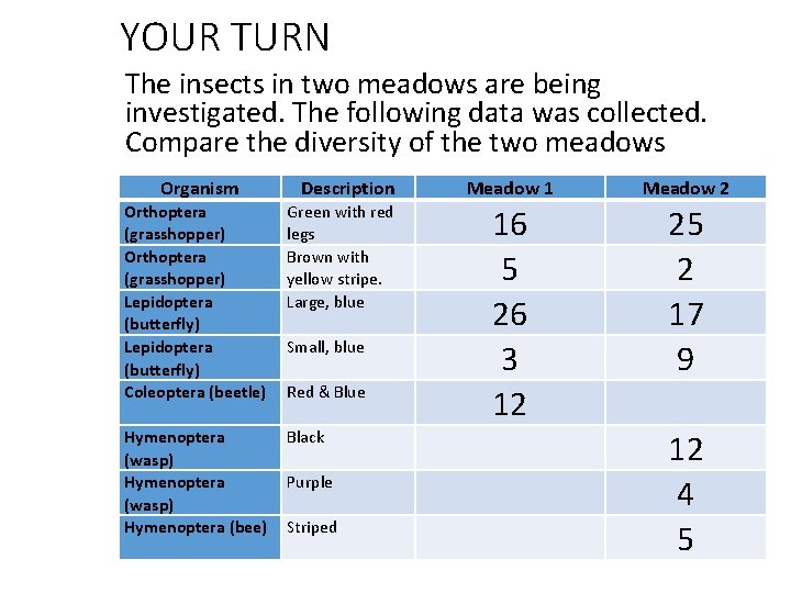 YOUR TURN The insects in two meadows are being investigated. The following data was