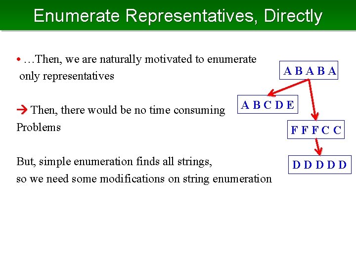 Enumerate Representatives, Directly • …Then, we are naturally motivated to enumerate only representatives Then,