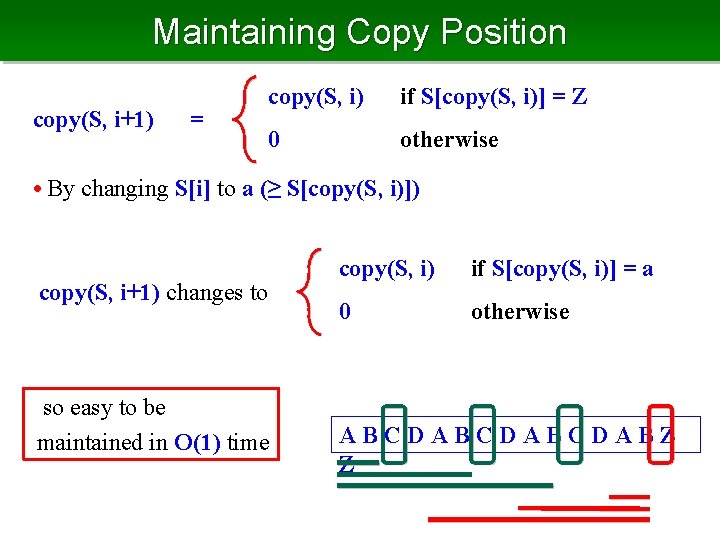 Maintaining Copy Position copy(S, i+1) = copy(S, i) if S[copy(S, i)] = Z 0