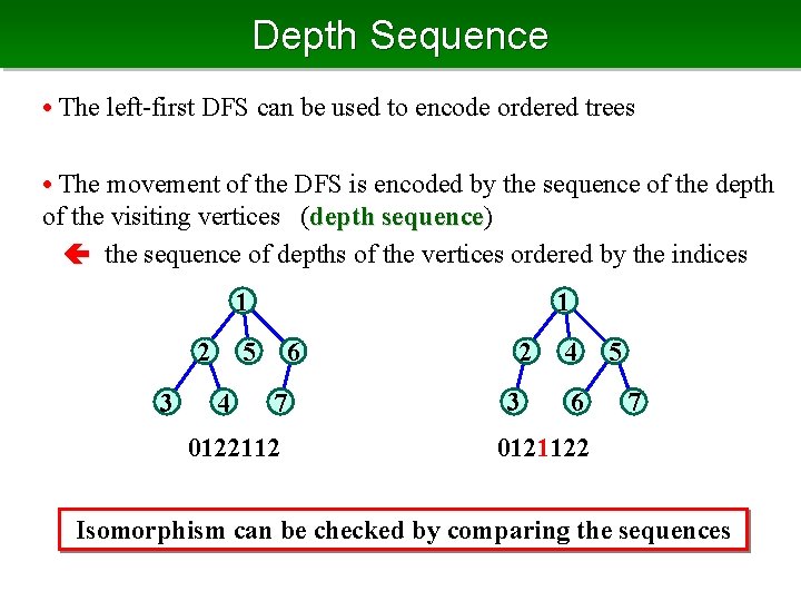 Depth Sequence • The left-first DFS can be used to encode ordered trees •
