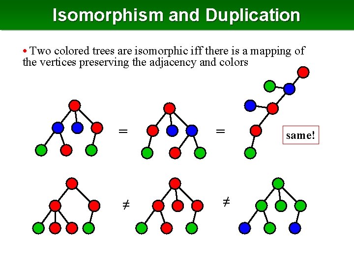 Isomorphism and Duplication • Two colored trees are isomorphic iff there is a mapping