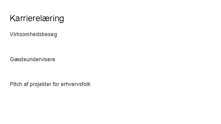 Karrierelæring Virksomhedsbesøg Gæsteundervisere Pitch af projekter for erhvervsfolk 