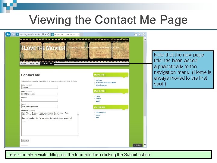 Viewing the Contact Me Page Note that the new page title has been added