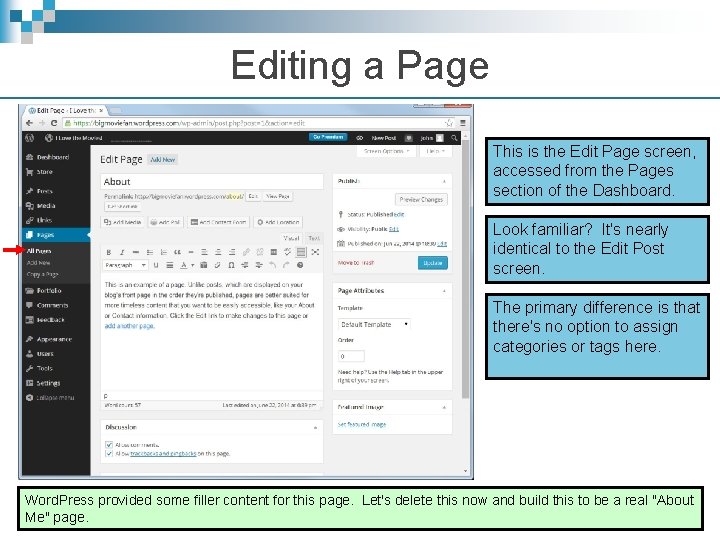 Editing a Page This is the Edit Page screen, accessed from the Pages section