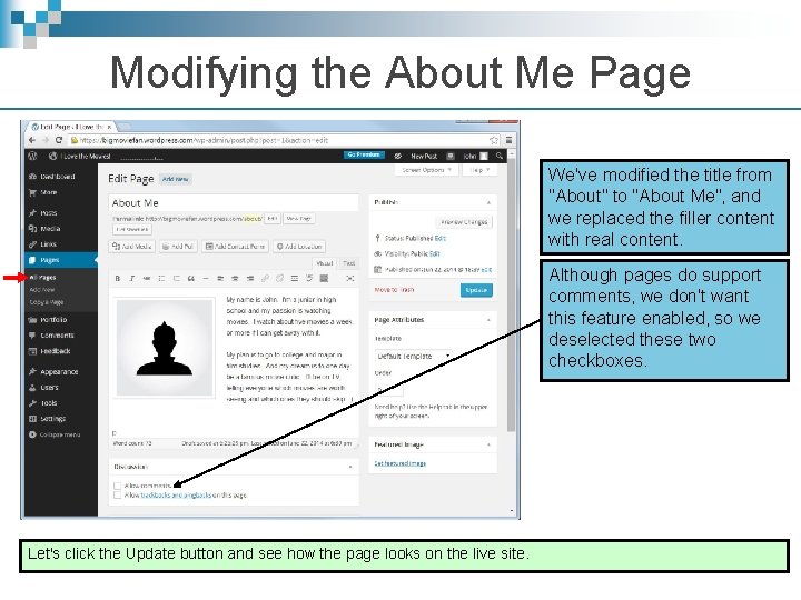 Modifying the About Me Page We've modified the title from "About" to "About Me",