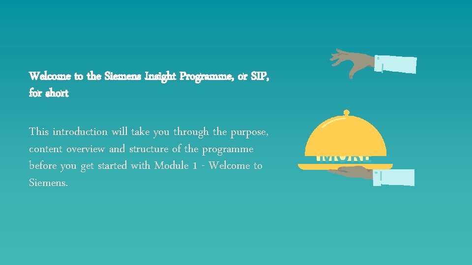 Welcome to the Siemens Insight Programme, or SIP, for short This introduction will take
