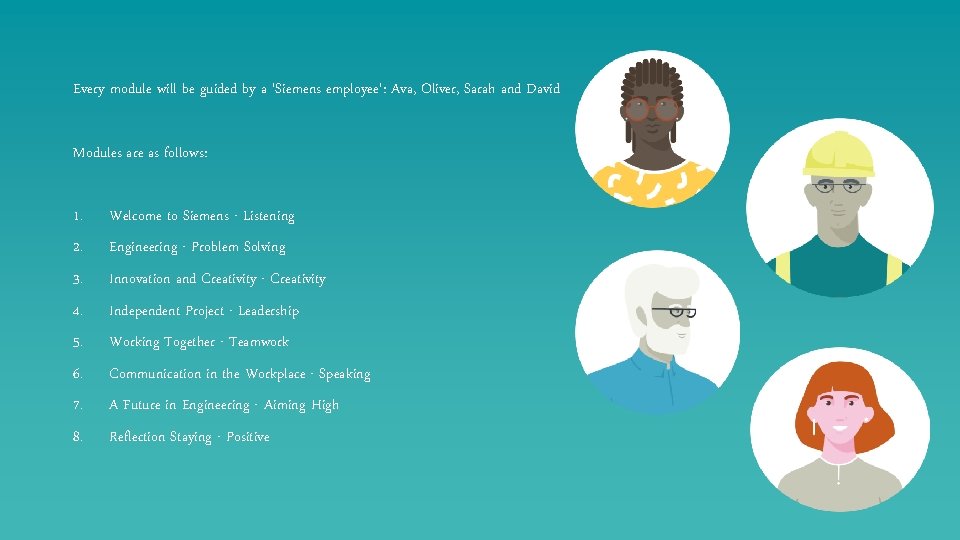 Every module will be guided by a 'Siemens employee': Ava, Oliver, Sarah and David