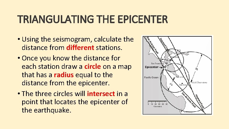 TRIANGULATING THE EPICENTER • Using the seismogram, calculate the distance from different stations. • TRIANGULATING THE EPICENTER • Using the seismogram, calculate the distance from different stations. •
